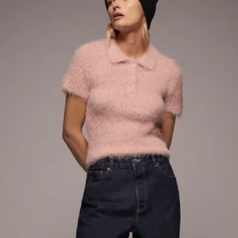 Zara Pink eyelash fuzz polo sweater